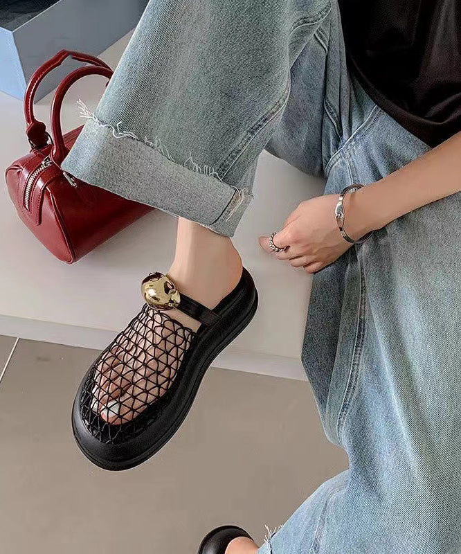 Chic Black Hollow Out Breathable Mesh Platform Slide Sandals - Omychic