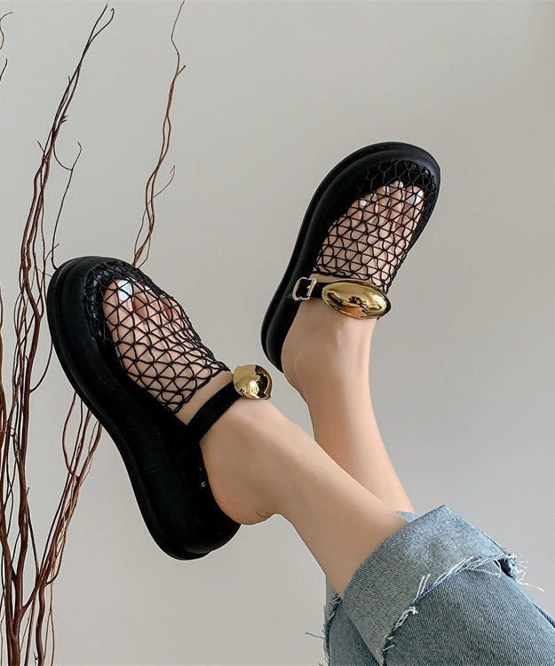 Chic Black Hollow Out Breathable Mesh Platform Slide Sandals - Omychic