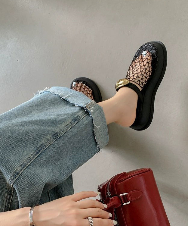 Chic Black Hollow Out Breathable Mesh Platform Slide Sandals - Omychic