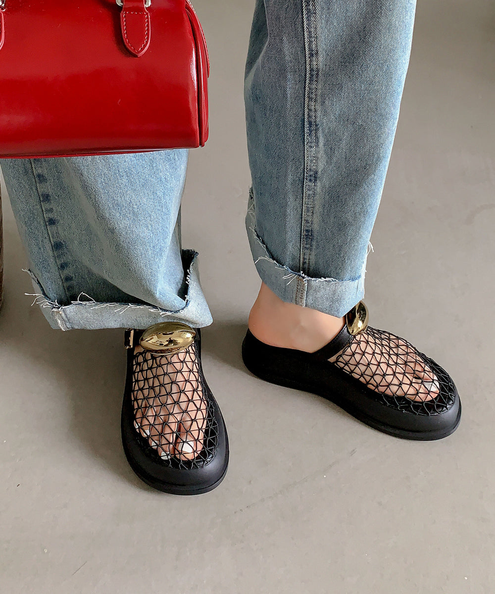 Chic Black Hollow Out Breathable Mesh Platform Slide Sandals - Omychic