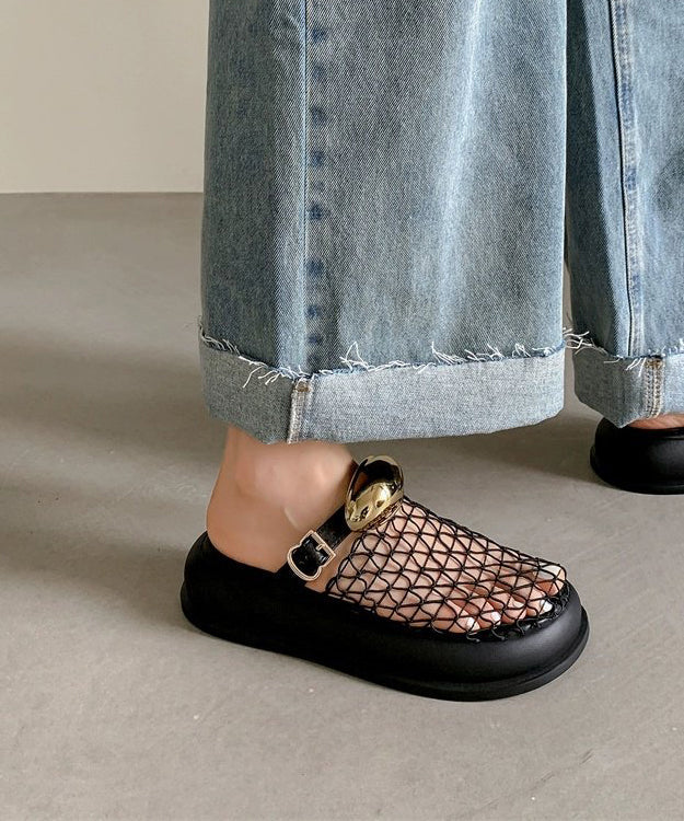 Chic Black Hollow Out Breathable Mesh Platform Slide Sandals - Omychic