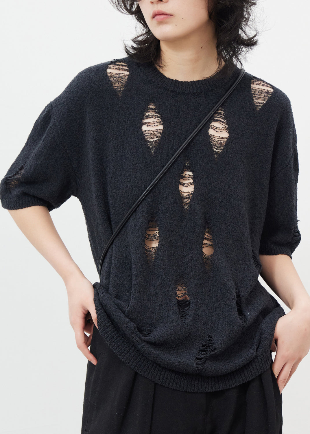 Chic Black Hollow Out Hole Ice Silk Knit Top Half Sleeve