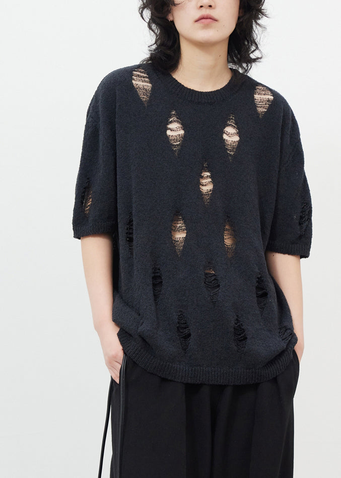 Chic Black Hollow Out Hole Ice Silk Knit Top Half Sleeve