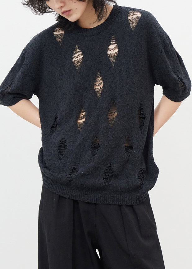 Chic Black Hollow Out Hole Ice Silk Knit Top Half Sleeve