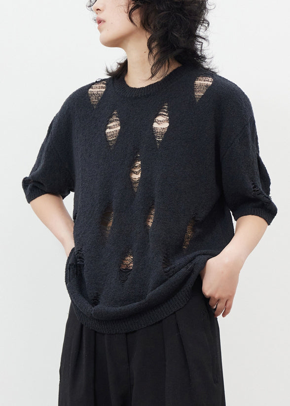 Chic Black Hollow Out Hole Ice Silk Knit Top Half Sleeve