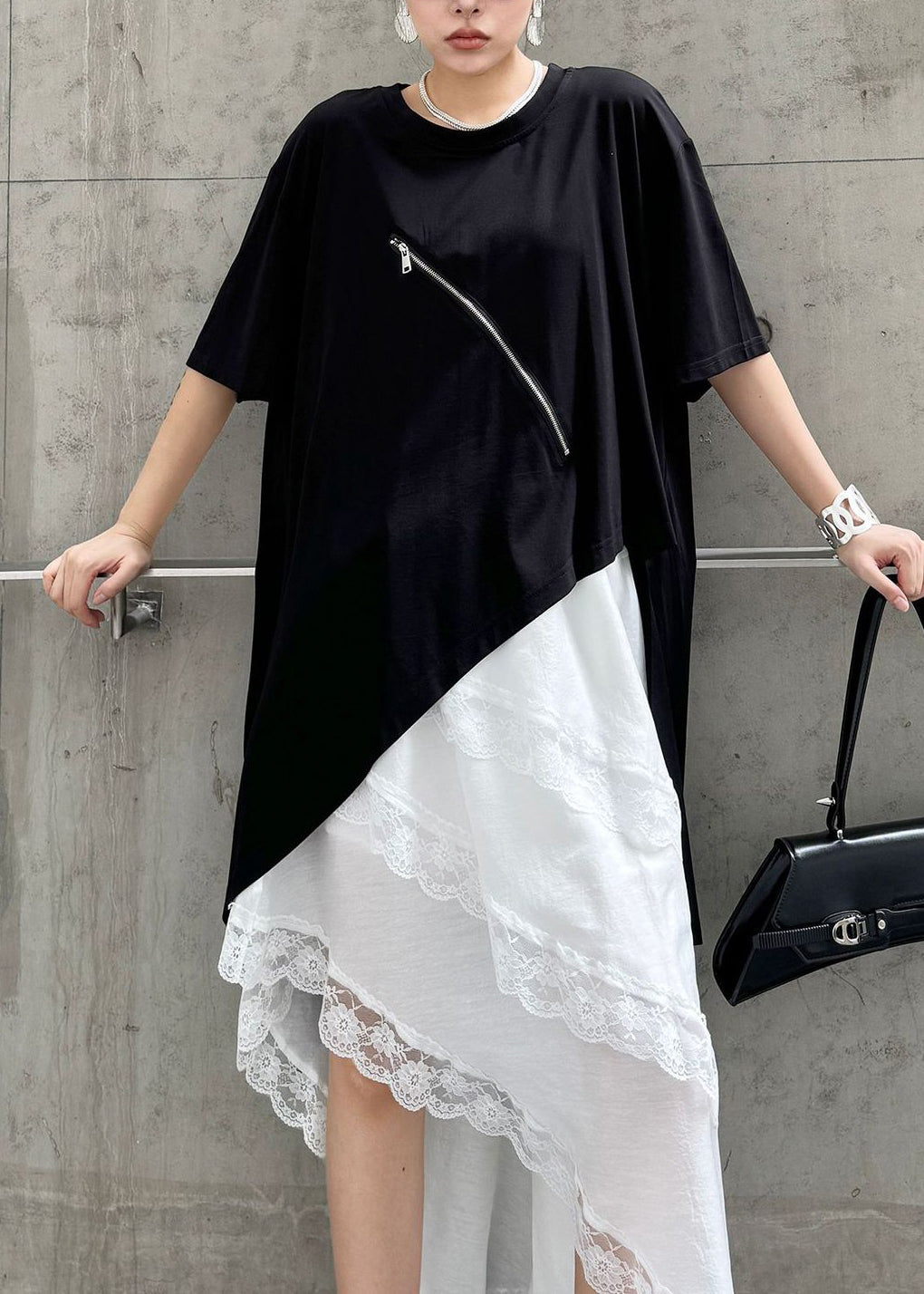 Chic Black Hollow Out Zip Up Asymmetrical Cotton T Shirt Summer
