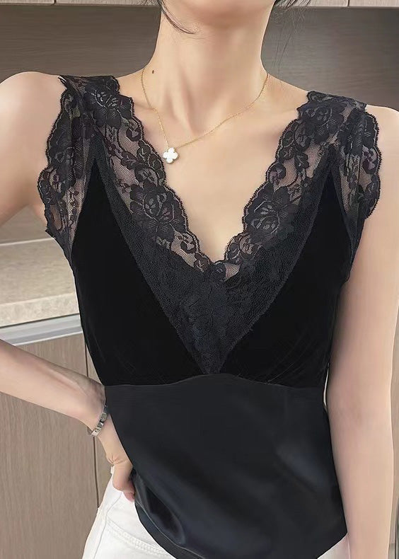 Chic Black Lace Patchwork Silk Tanks Sleeveless