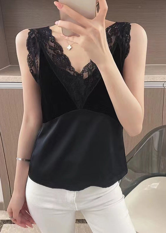 Chic Black Lace Patchwork Silk Tanks Sleeveless