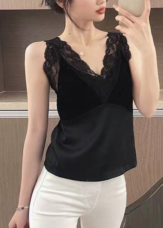 Chic Black Lace Patchwork Silk Tanks Sleeveless