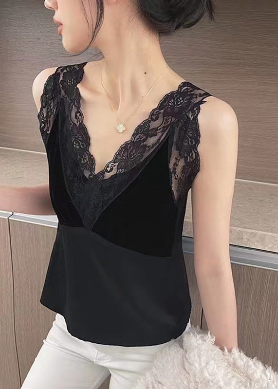 Chic Black Lace Patchwork Silk Tanks Sleeveless