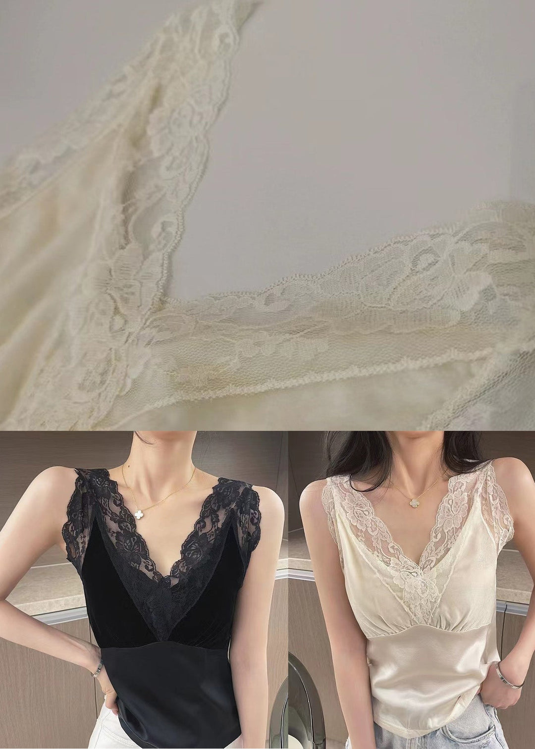 Chic Black Lace Patchwork Silk Tanks Sleeveless