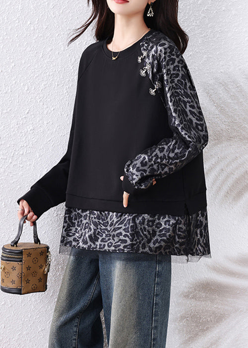 Chic Black Leopard Tulle Patchwork Cotton T Shirts Fall
