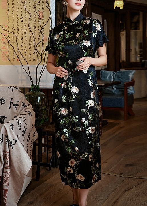 Chic Black Mandarin Collar Print Silk Dresses Summer