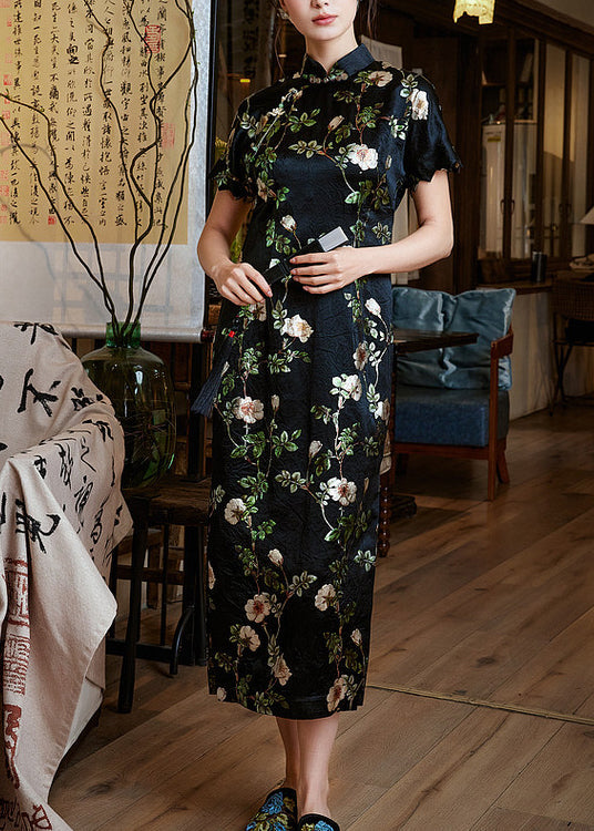 Chic Black Mandarin Collar Print Silk Dresses Summer