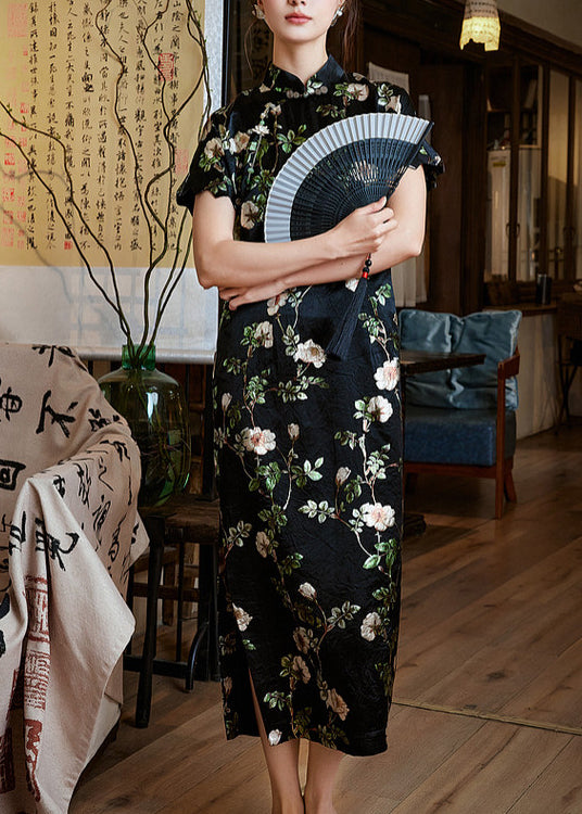 Chic Black Mandarin Collar Print Silk Dresses Summer