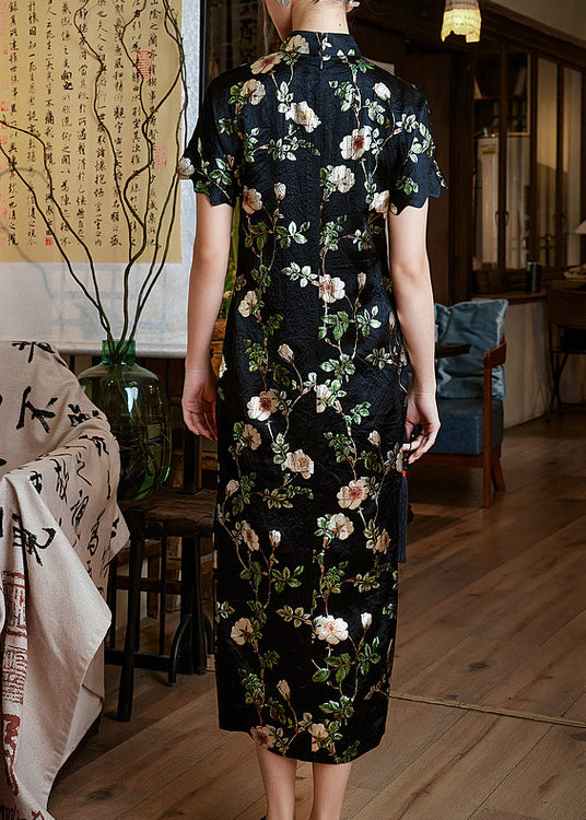 Chic Black Mandarin Collar Print Silk Dresses Summer