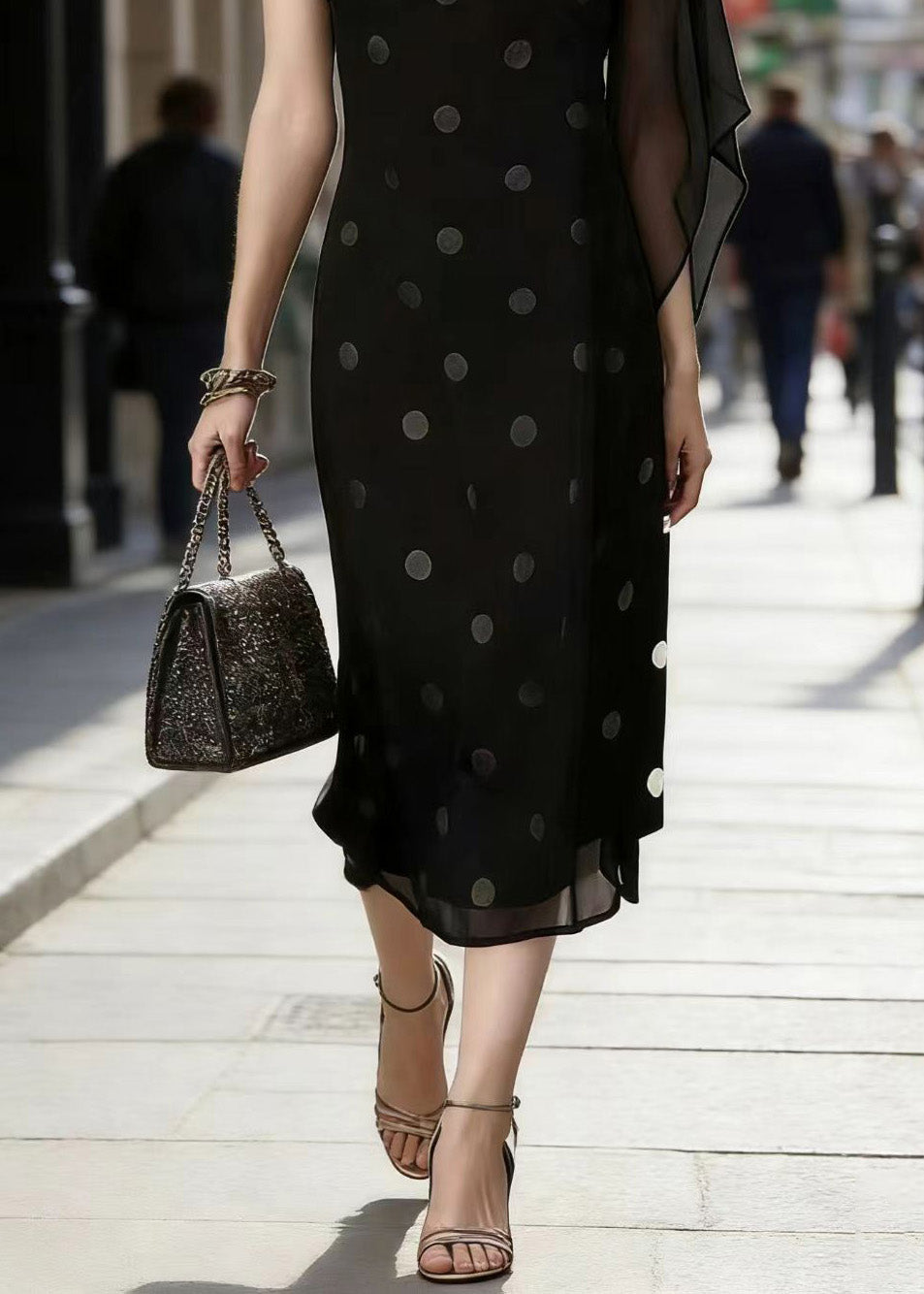 Chic Black O Neck Dot Print Ruffled Silk Dress Summer