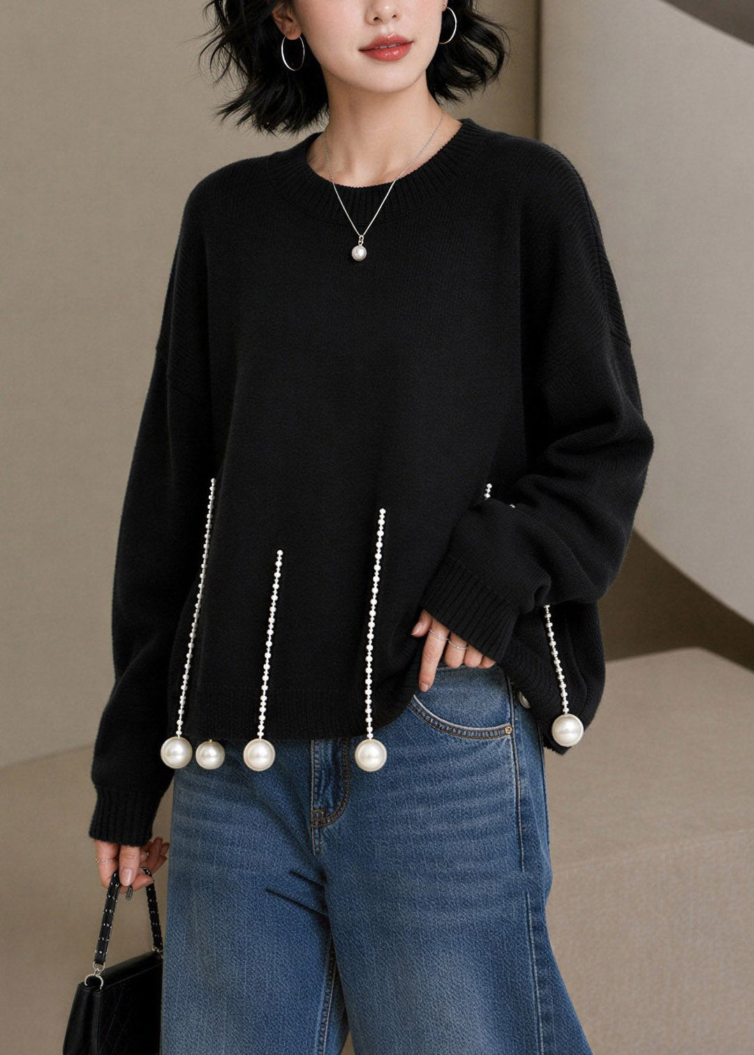 Chic Black O-Neck Pearl Patchwork Cotton Knit Sweaters Long Sleeve