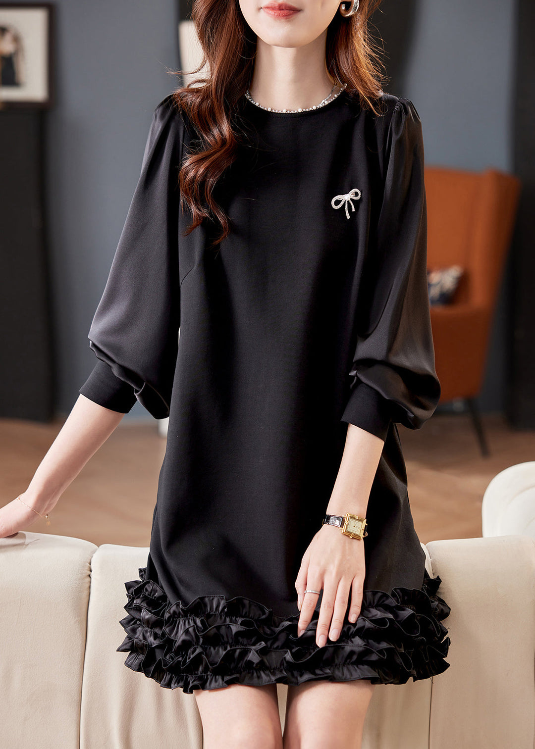 Chic Black O Neck Pearl Ruffled Cotton Mid Dress Fall