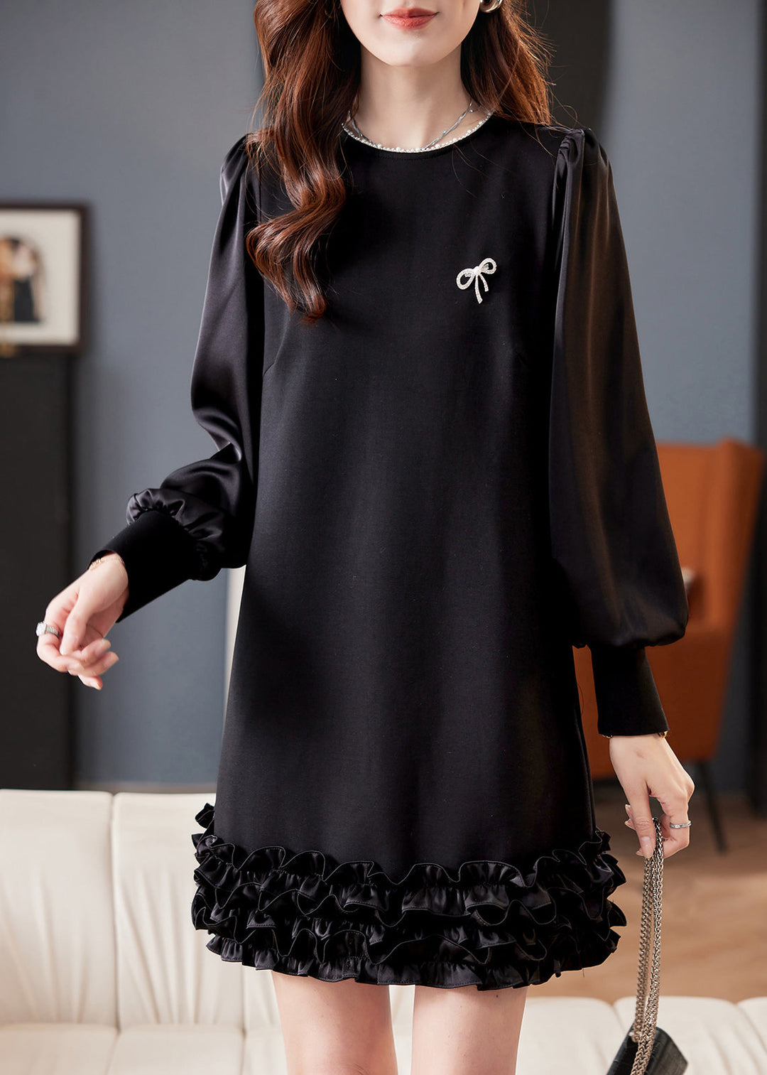 Chic Black O Neck Pearl Ruffled Cotton Mid Dress Fall