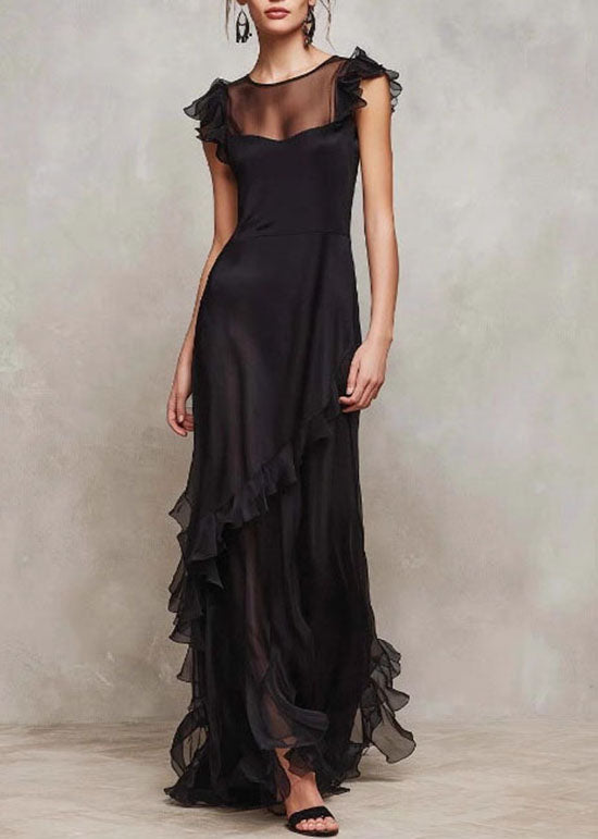Chic Black O-Neck Ruffled Patchwork Chiffon Dress Summer