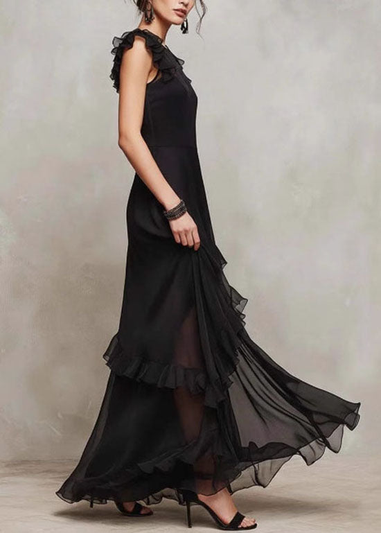 Chic Black O-Neck Ruffled Patchwork Chiffon Dress Summer
