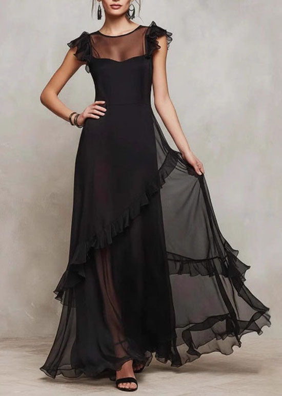Chic Black O-Neck Ruffled Patchwork Chiffon Dress Summer