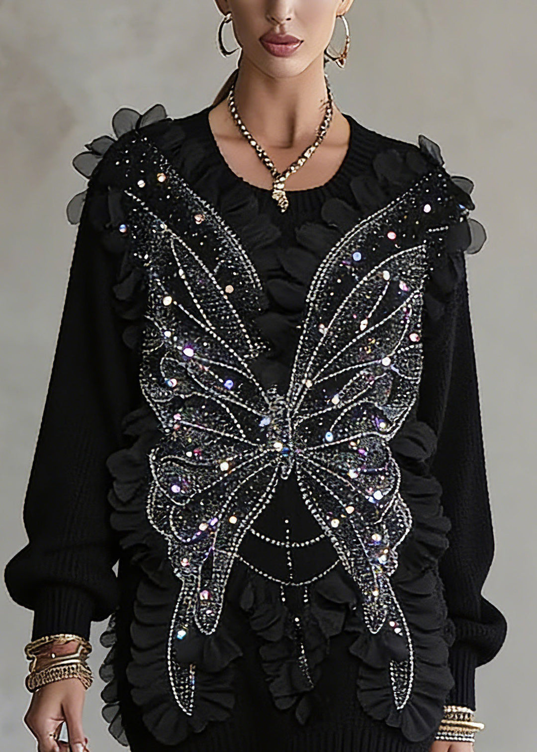 Chic Black O-Neck Sequins Top Lantern Sleeve
