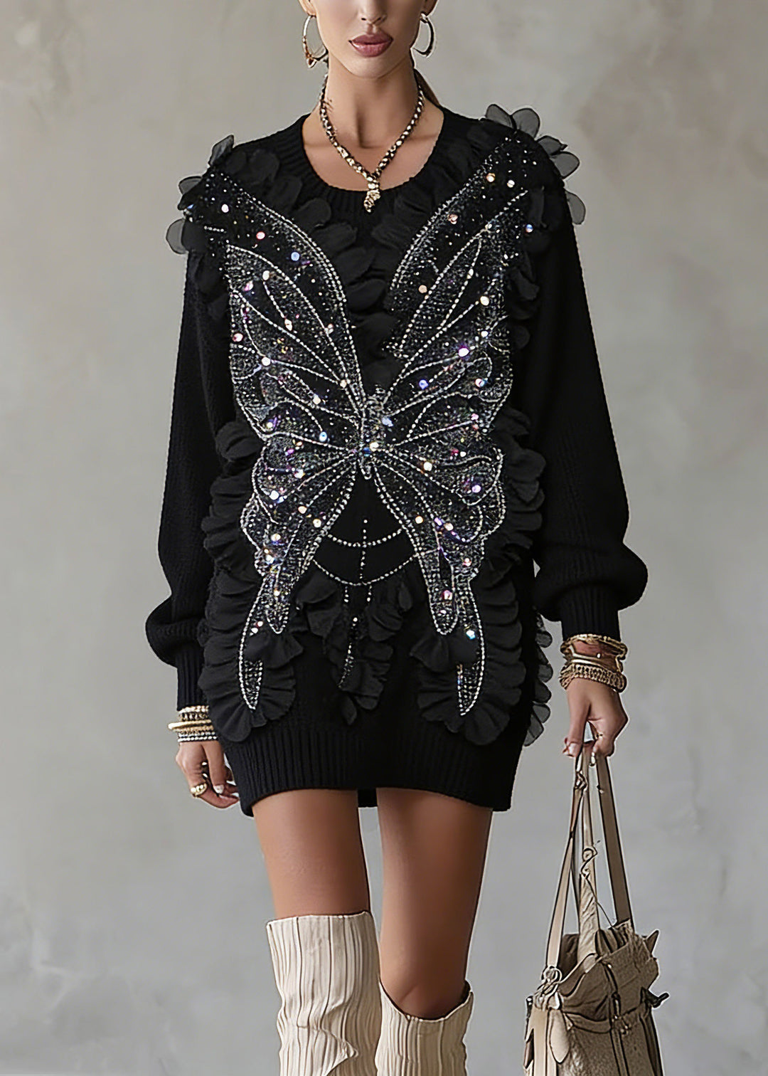 Chic Black O-Neck Sequins Top Lantern Sleeve