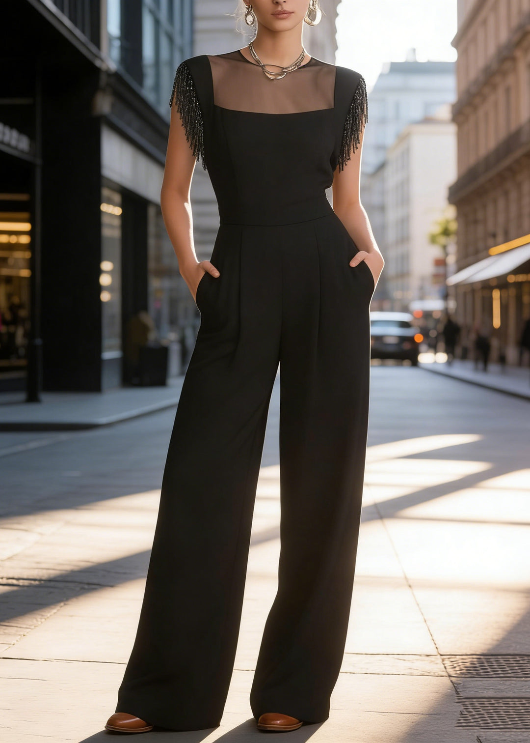 Chic Black O Neck Tassel Pockets Cotton Jumpsuit Summer