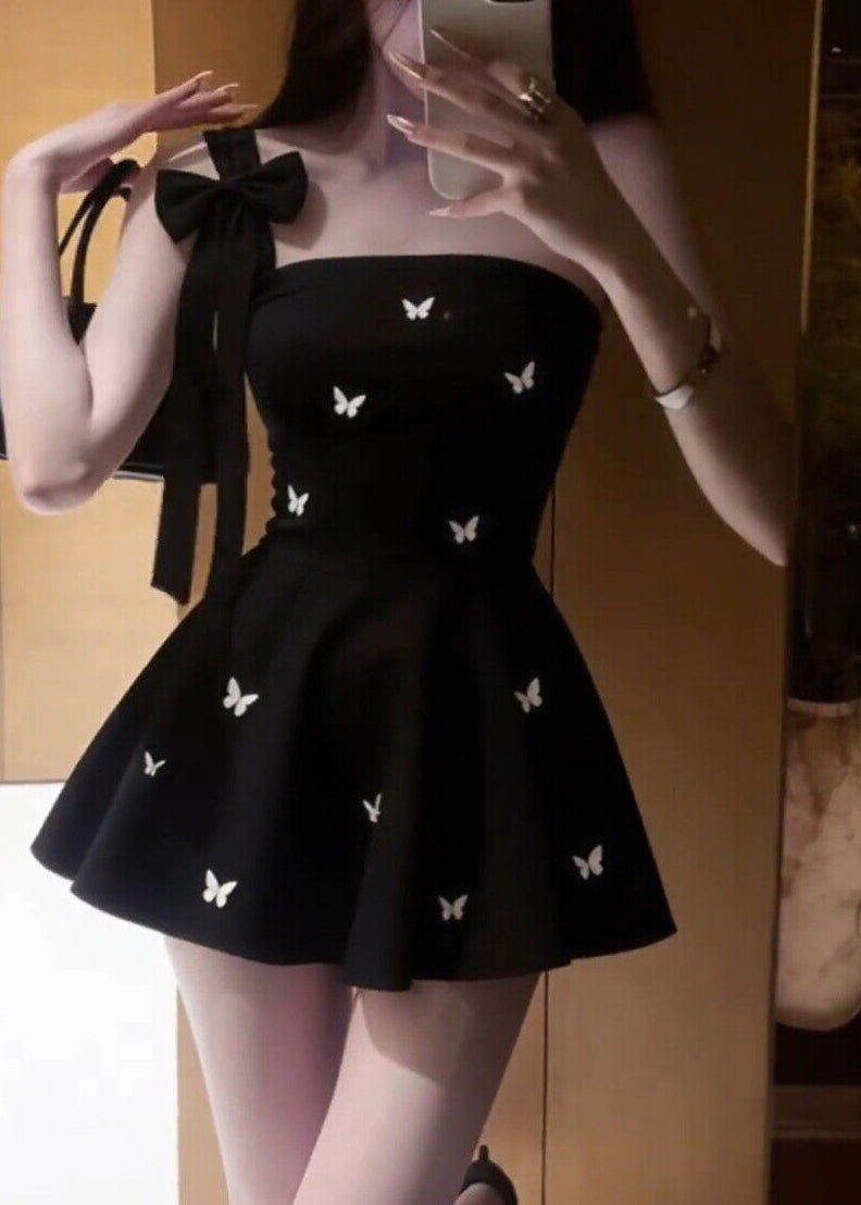 Chic Black One Shoulder Floral Mid Dress Sleeveless