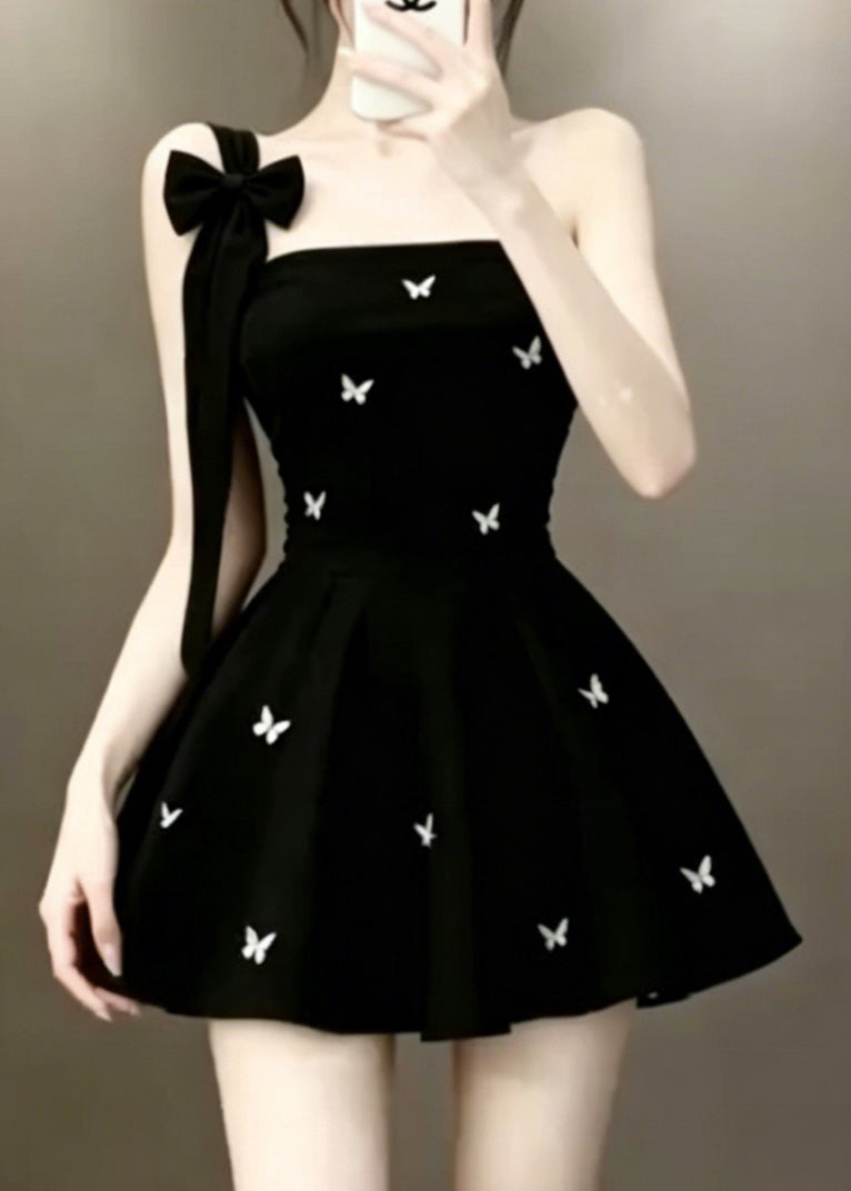 Chic Black One Shoulder Floral Mid Dress Sleeveless