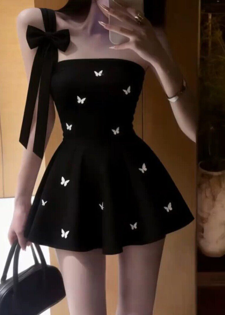 Chic Black One Shoulder Floral Mid Dress Sleeveless