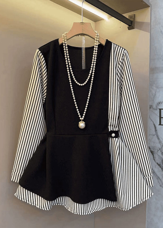 Chic Black Oversized Patchwork Cotton Fake Two Piece Tops Fall