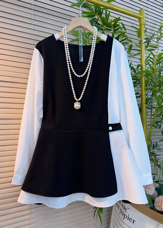 Chic Black Oversized Patchwork Cotton Fake Two Piece Tops Fall