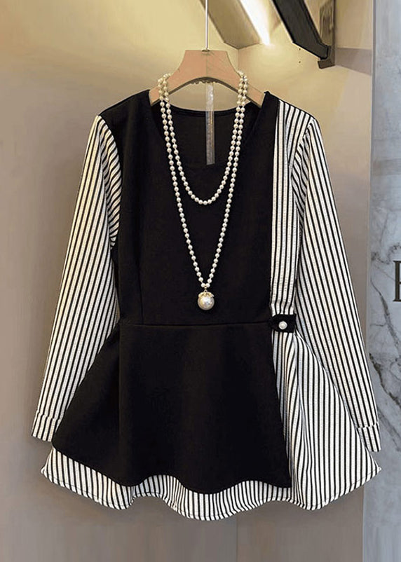 Chic Black Oversized Patchwork Cotton Fake Two Piece Tops Fall