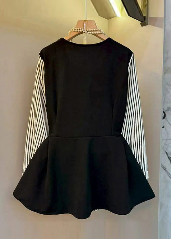 Chic Black Oversized Patchwork Cotton Fake Two Piece Tops Fall