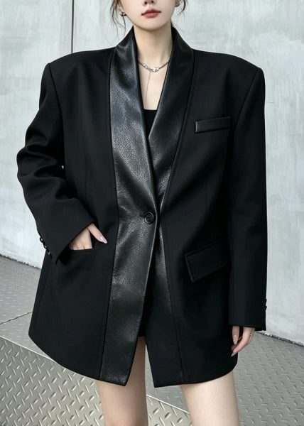 Chic Black Oversized Patchwork Faux Leather Jackets Fall