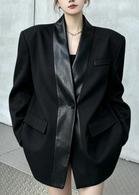 Chic Black Oversized Patchwork Faux Leather Jackets Fall