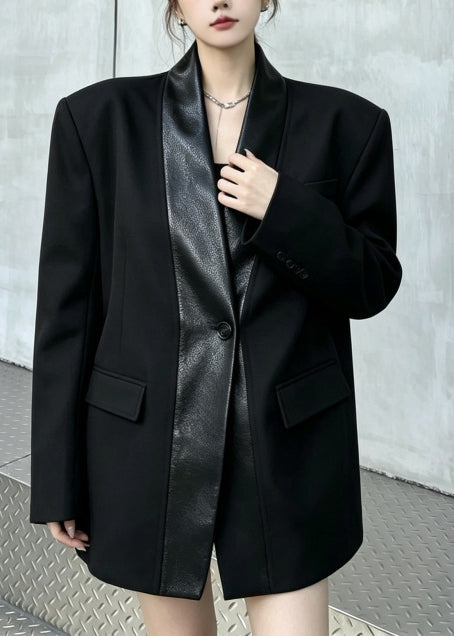 Chic Black Oversized Patchwork Faux Leather Jackets Fall