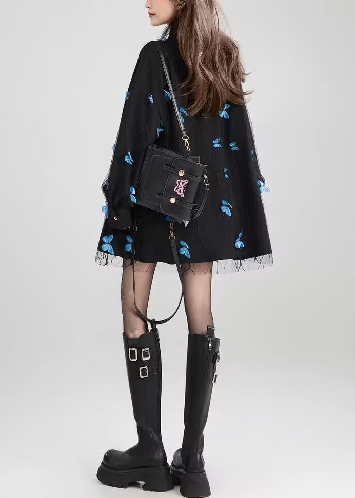 Chic Black Peter Pan Collar Butterfly Lace Patchwork Cotton Shirt Fall