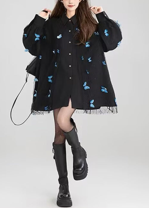 Chic Black Peter Pan Collar Butterfly Lace Patchwork Cotton Shirt Fall