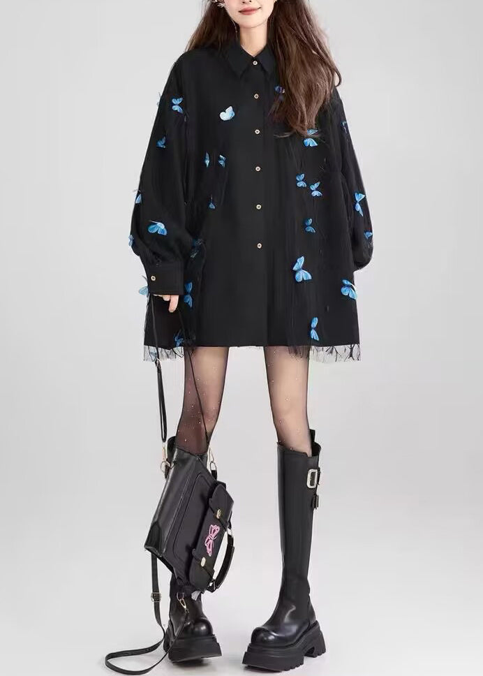 Chic Black Peter Pan Collar Butterfly Lace Patchwork Cotton Shirt Fall
