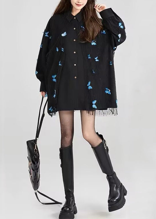 Chic Black Peter Pan Collar Butterfly Lace Patchwork Cotton Shirt Fall