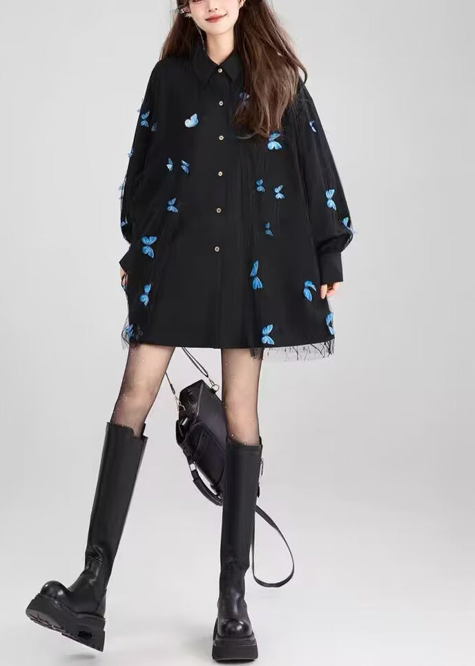 Chic Black Peter Pan Collar Butterfly Lace Patchwork Cotton Shirt Fall