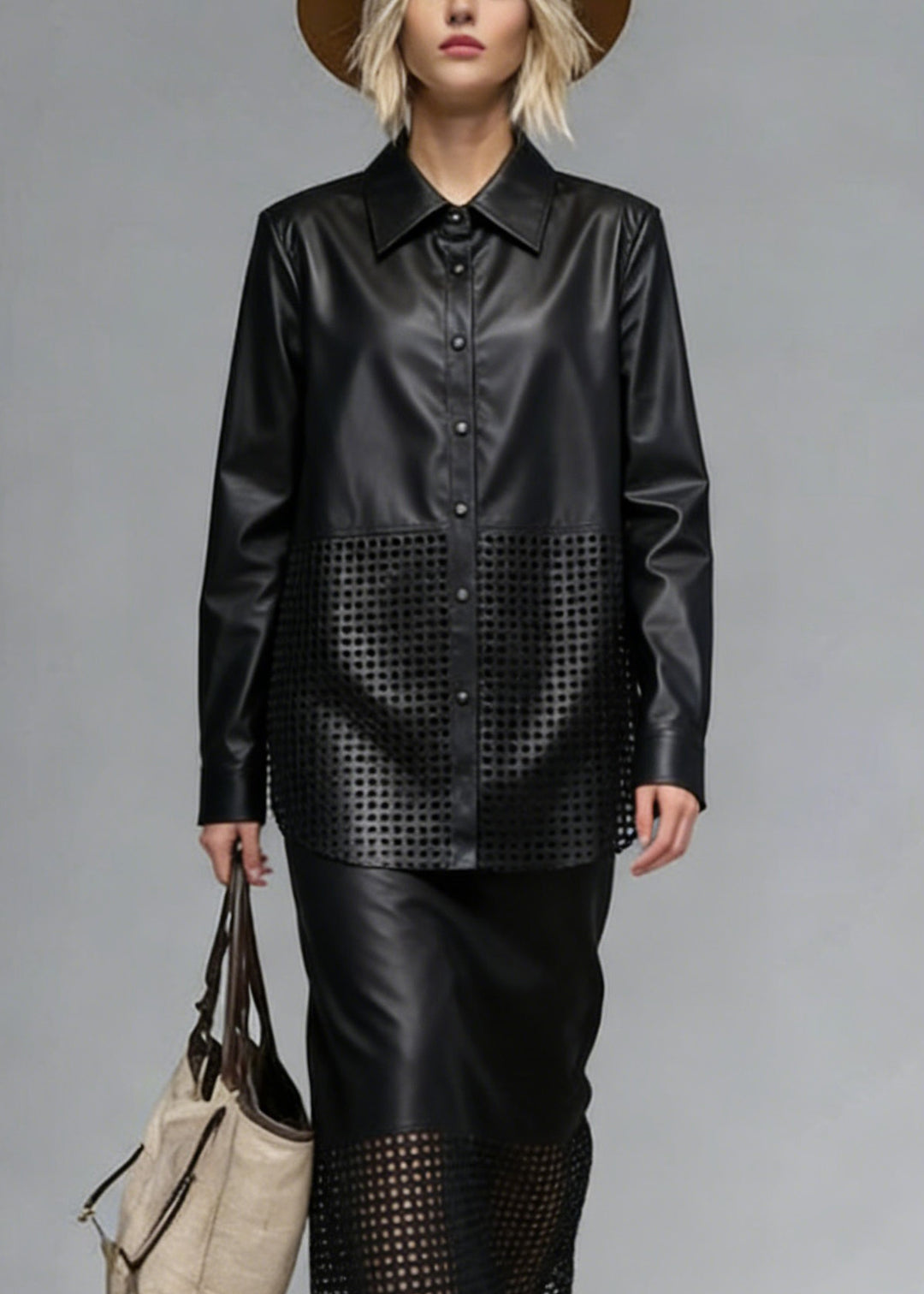 Chic Black Peter Pan Collar Hollow Out Faux Leather Two Piece Set Spring