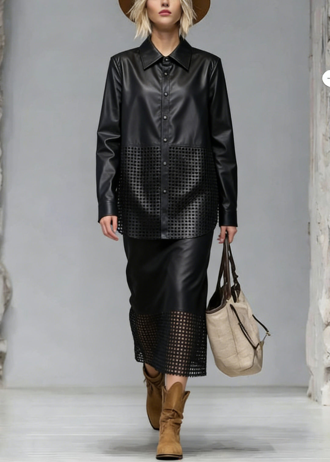 Chic Black Peter Pan Collar Hollow Out Faux Leather Two Piece Set Spring