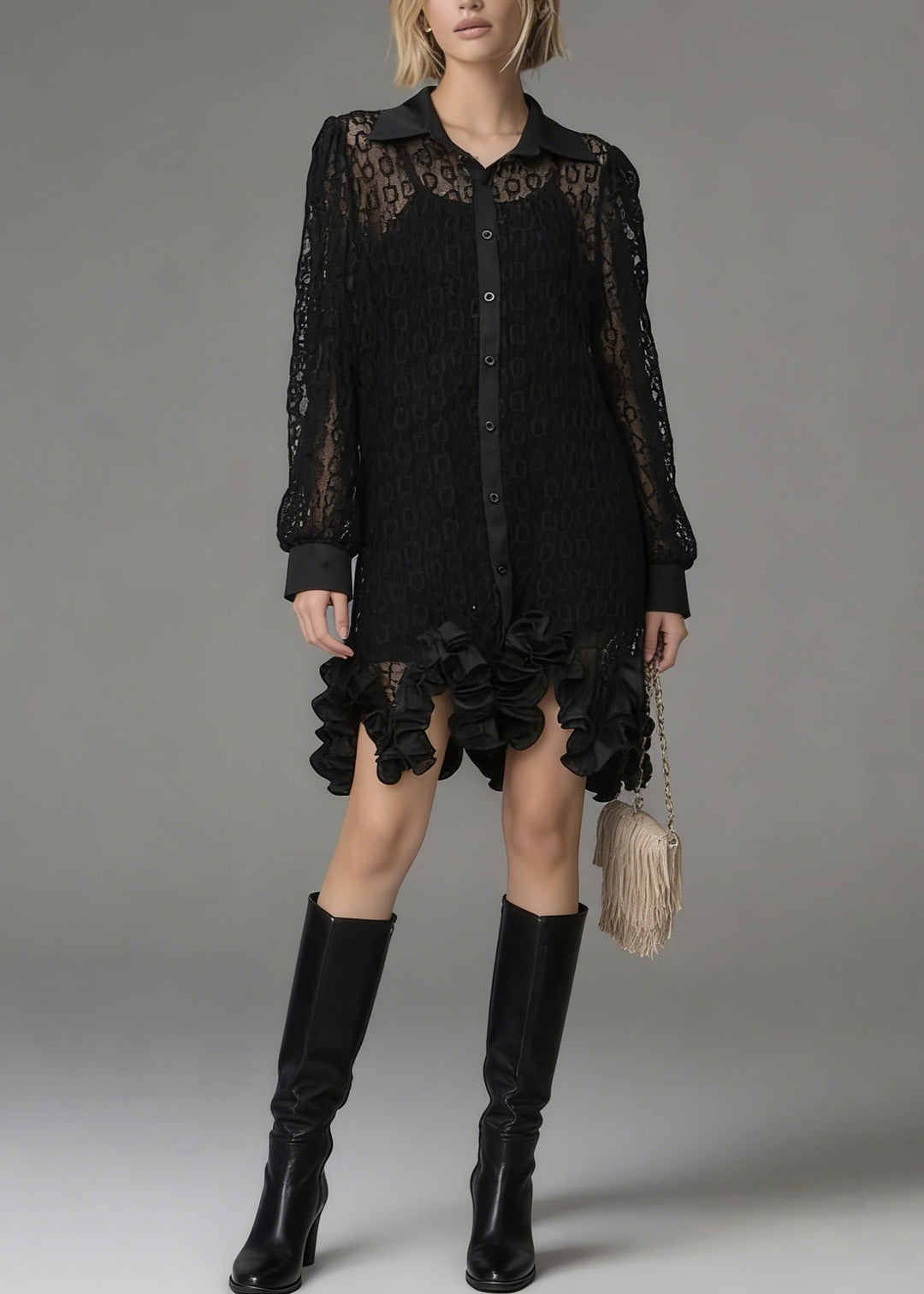 Chic Black Peter Pan Collar Hollow Out Floral Lace Shirt Tops Spring