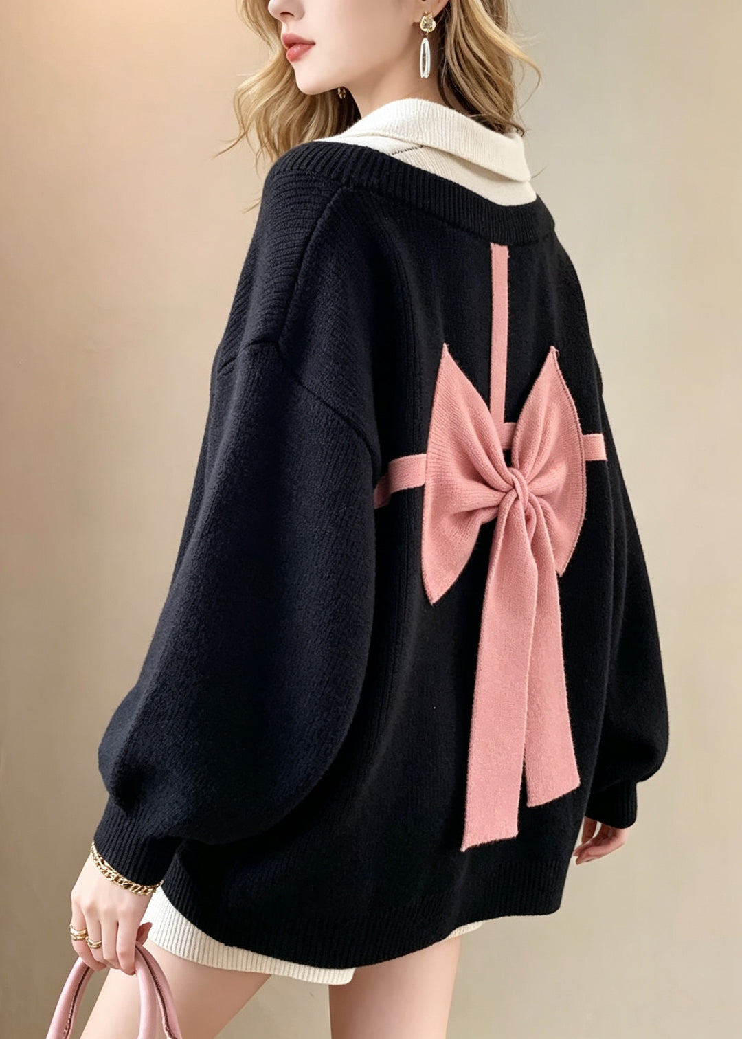 Chic Black Peter Pan Collar Patchwork Fake Two-Piece Cotton Knit Sweaters Fall