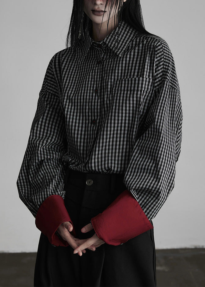 Chic Black Peter Pan Collar Plaid Button Cotton Shirts Fall